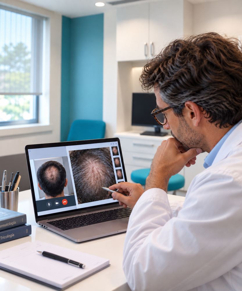 Dermatóloga revisando una consulta online con imágenes clínicas en el ordenador