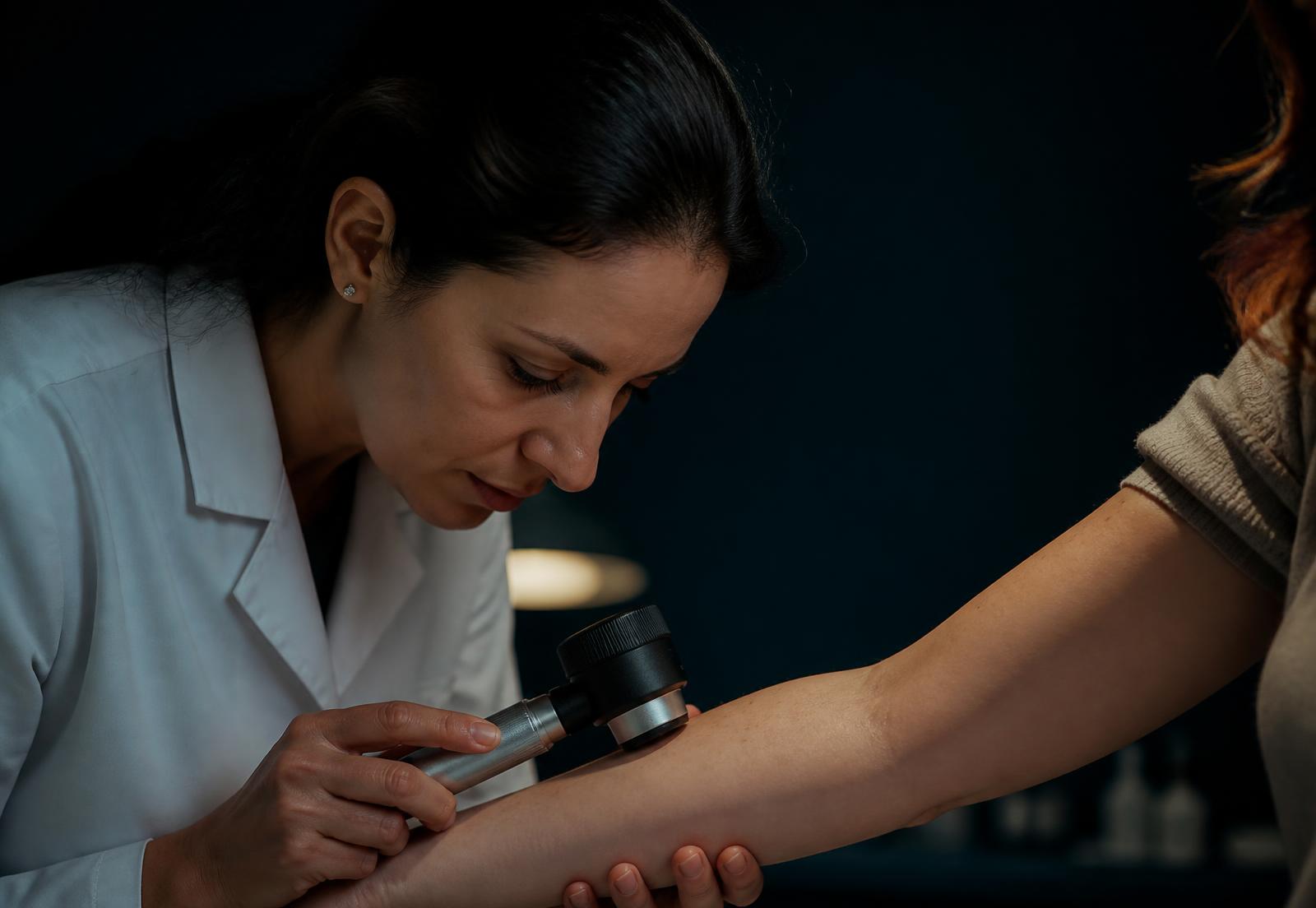 Dermatóloga examinando la piel de un paciente con un dermatoscopio